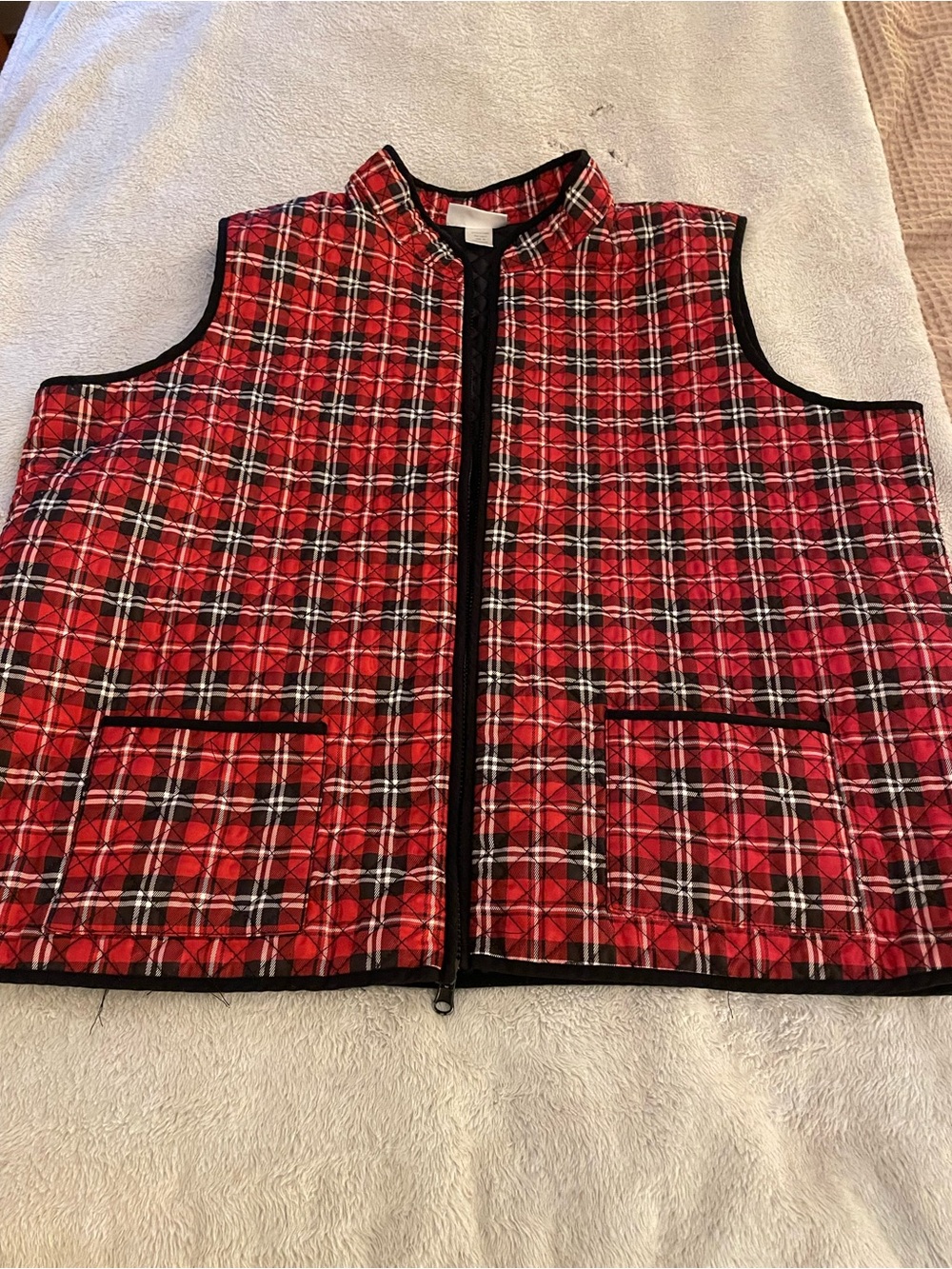 NorthStyle Red Plaid Quilted Vest with Black Trim and Patch Pockets